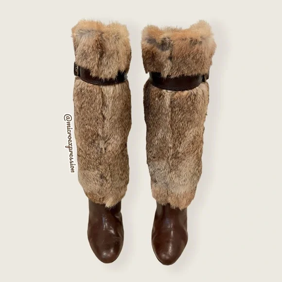 $699 RARE Frye Ava Rabbit Fur Vintage Luxury Brown Leather Stiletto Heel Boot - Picture 2 of 10